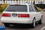 A classic Audi Avant wagon equipped with a large turbocharged 5-cylinder engine producing nearly 500 horsepower.