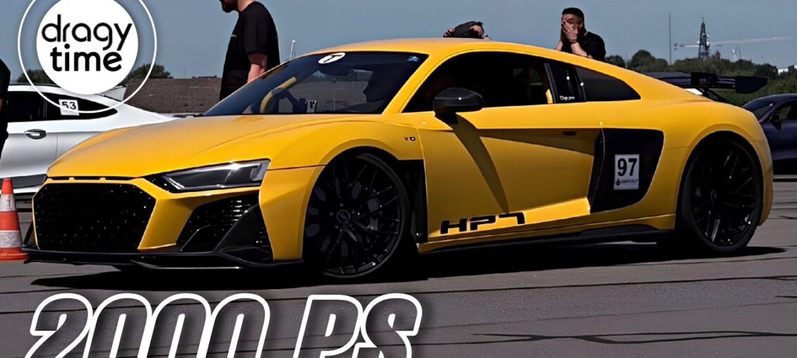 A 2000HP Twin Turbo Audi R8 V10 accelerating at full speed during a high-performance run, reaching 373 km/h (231 mph).