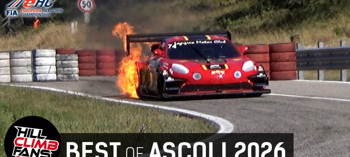 A European Hill Climb Championship race car attacking the Ascoli hill climb course during the 2026 Coppa Paolino Teodori, featuring dramatic racing and fire incidents.