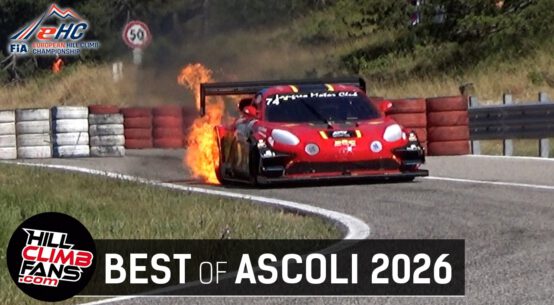 A European Hill Climb Championship race car attacking the Ascoli hill climb course during the 2026 Coppa Paolino Teodori, featuring dramatic racing and fire incidents.