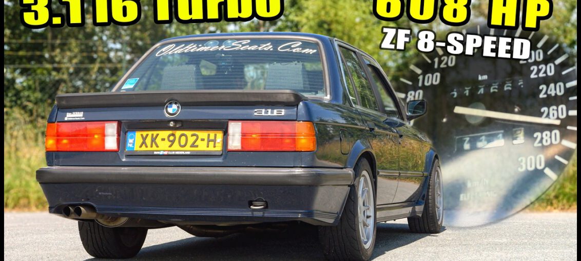 608HP BMW E30 with a 3.1L M52 Big Turbo engine accelerating at high speed on the German Autobahn.