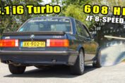 608HP BMW E30 with a 3.1L M52 Big Turbo engine accelerating at high speed on the German Autobahn.
