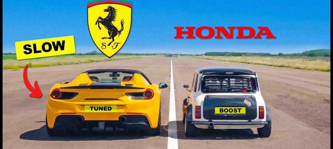 560HP K20 Turbo Classic Mini racing a tuned Ferrari 488 Spider during a high-speed drag race.