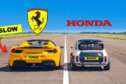 560HP K20 Turbo Classic Mini racing a tuned Ferrari 488 Spider during a high-speed drag race.