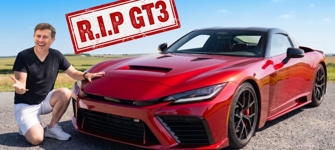 Prototype GR GT sports car showcasing its aerodynamic design during an exclusive first look.