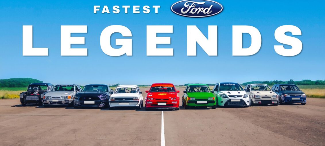 Ford Sierra Cosworth, Escort Cosworth, Focus RS and Mustang GT lined up before the ultimate Fast Ford drag race.