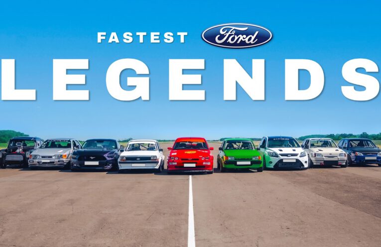 Ford Sierra Cosworth, Escort Cosworth, Focus RS and Mustang GT lined up before the ultimate Fast Ford drag race.