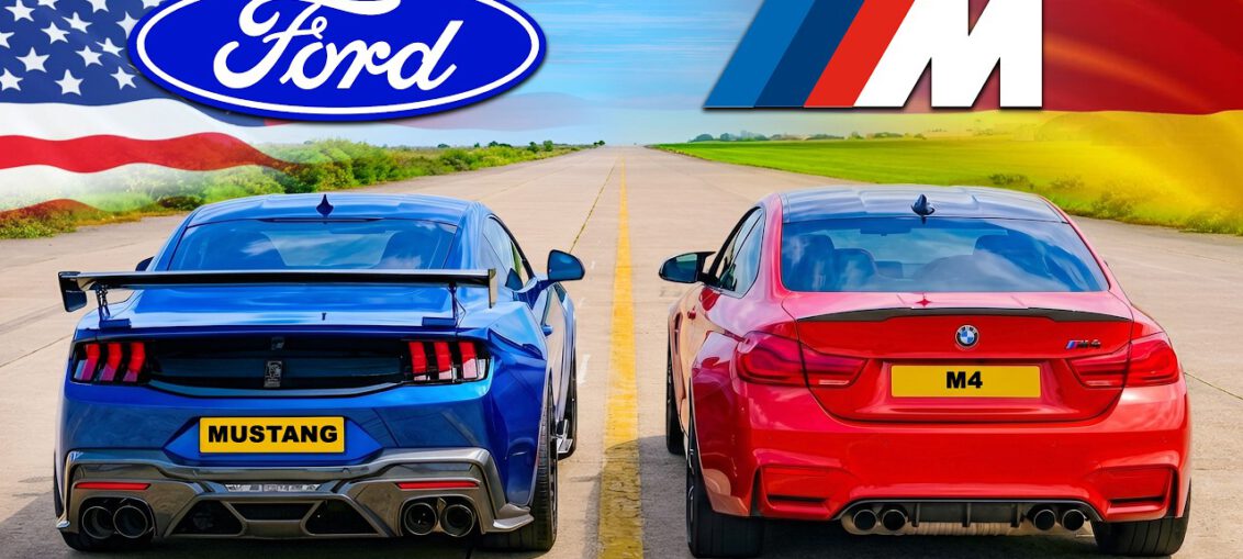 Ford Mustang vs BMW M4 drag race comparison with tuned 800hp Mustang and modified BMW M4 on an airstrip
