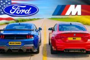 Ford Mustang vs BMW M4 drag race comparison with tuned 800hp Mustang and modified BMW M4 on an airstrip