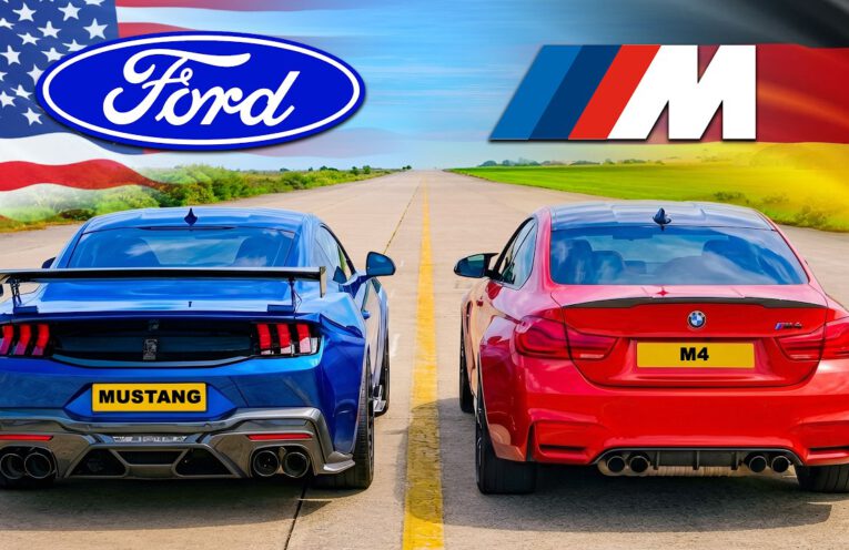 Ford Mustang vs BMW M4 drag race comparison with tuned 800hp Mustang and modified BMW M4 on an airstrip