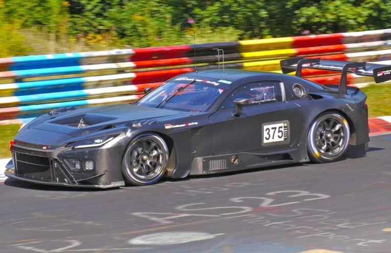 2027 Toyota GR GT3 prototype testing at the Nürburgring Nordschleife driven by Kamui Kobayashi.