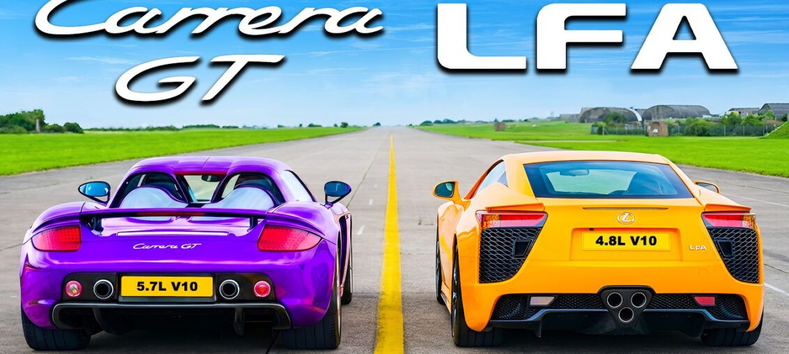 Porsche Carrera GT racing against a Lexus LFA in a V10 drag race