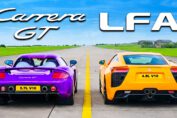 Porsche Carrera GT racing against a Lexus LFA in a V10 drag race