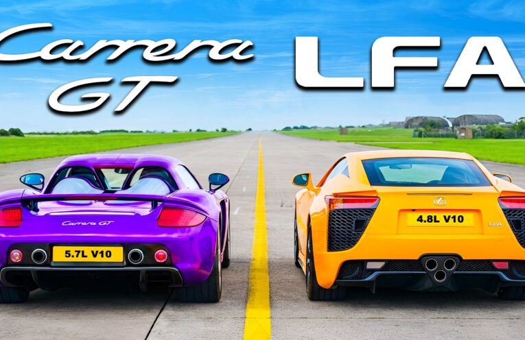 Porsche Carrera GT racing against a Lexus LFA in a V10 drag race