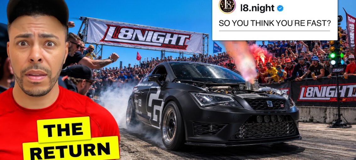 1400 HP SEAT Leon Cupra drag car launching at the Late Night drag racing event in Germany.