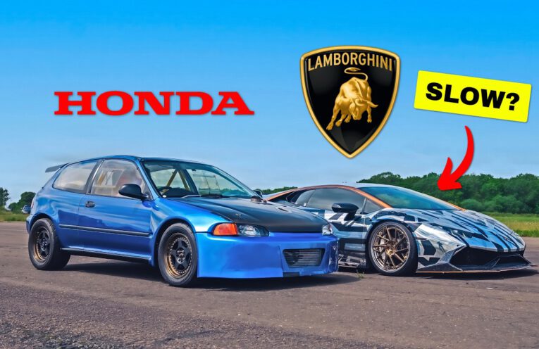 900HP four-wheel-drive Honda Civic EG racing a 1150HP twin-turbo Lamborghini Huracán