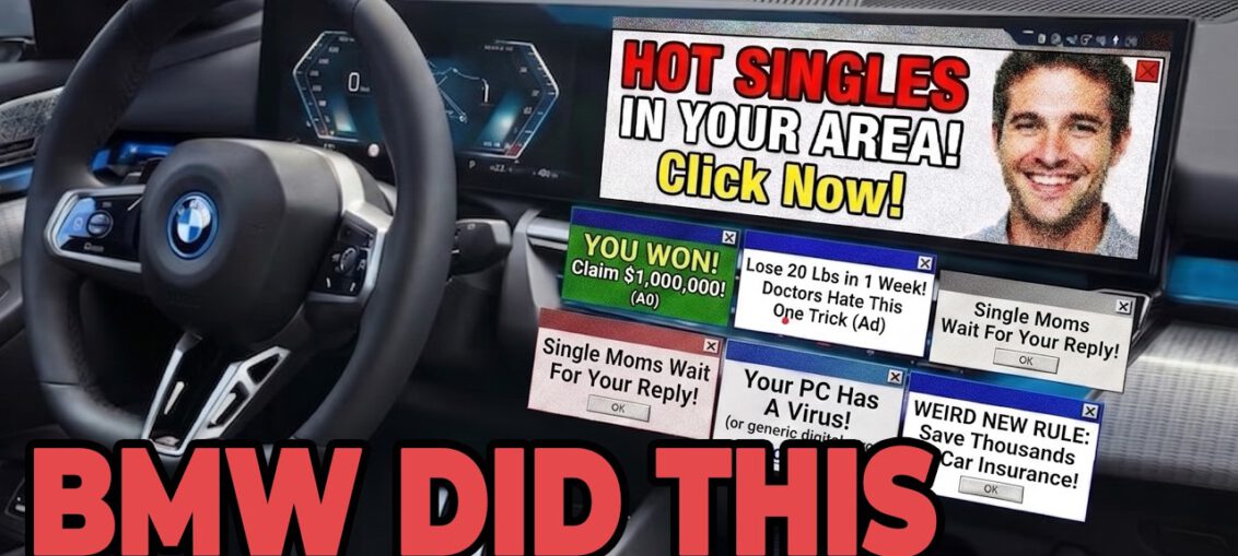 BMW dashboard displaying a Spider-Man advertisement inside a car