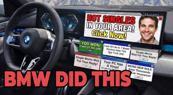BMW dashboard displaying a Spider-Man advertisement inside a car
