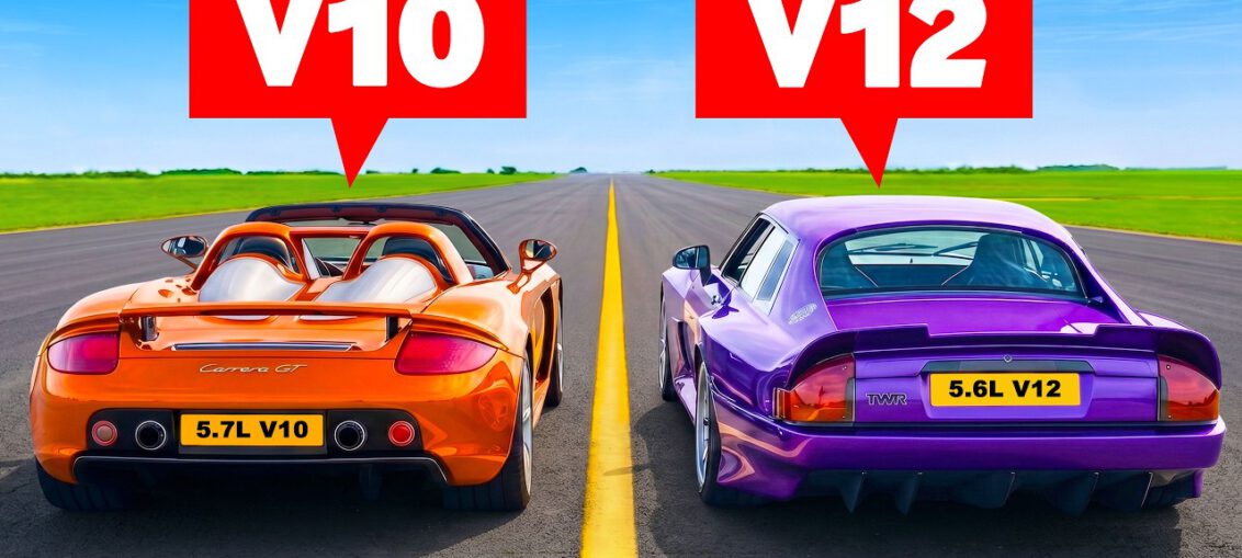 Porsche Carrera GT racing a TWR supercar and tuned Dodge Viper ACR in a RWD drag race