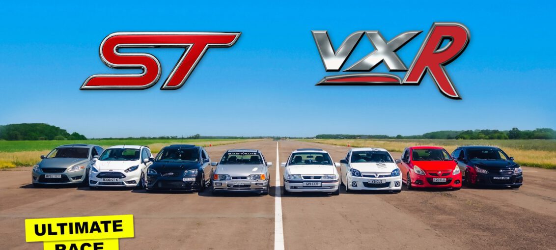 Ford and Vauxhall performance cars lined up for a drag race