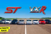 Ford and Vauxhall performance cars lined up for a drag race