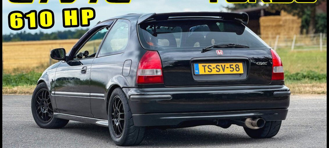 Modified 610HP turbocharged 1998 Honda Civic EK with a B18C4 engine and large front-mounted intercooler.