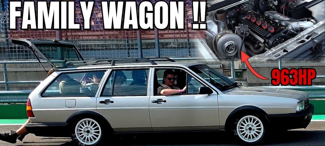 963HP VW Passat B2 Wagon with an Audi five-cylinder Quattro engine launching down a drag strip.