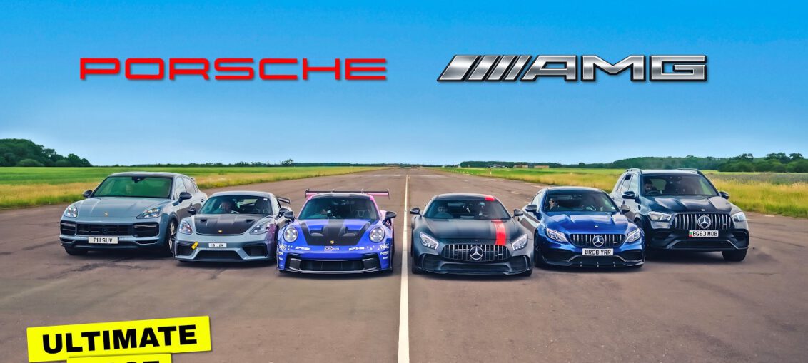 Mercedes AMG and Porsche performance cars lined up for an intense drag race featuring a 900HP AMG GTR and an 860HP Porsche GT3 RS.