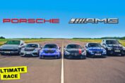 Mercedes AMG and Porsche performance cars lined up for an intense drag race featuring a 900HP AMG GTR and an 860HP Porsche GT3 RS.