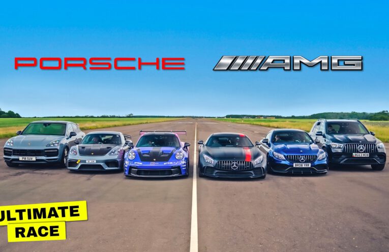 Mercedes AMG and Porsche performance cars lined up for an intense drag race featuring a 900HP AMG GTR and an 860HP Porsche GT3 RS.