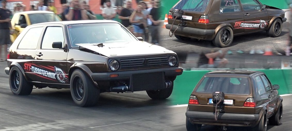 1100HP VR6-powered Volkswagen MK2 Golf launching hard at L8-Night Germany during an 8-second quarter-mile attempt.