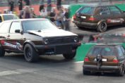 1100HP VR6-powered Volkswagen MK2 Golf launching hard at L8-Night Germany during an 8-second quarter-mile attempt.