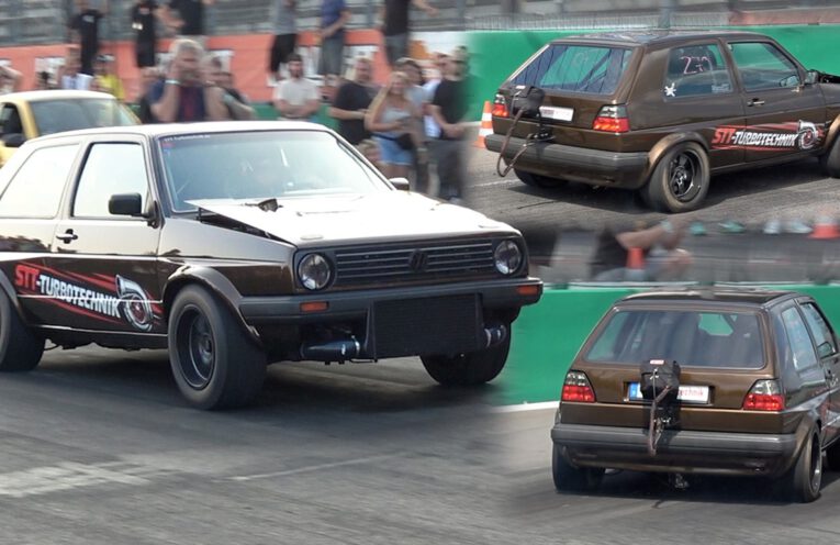 1100HP VR6-powered Volkswagen MK2 Golf launching hard at L8-Night Germany during an 8-second quarter-mile attempt.