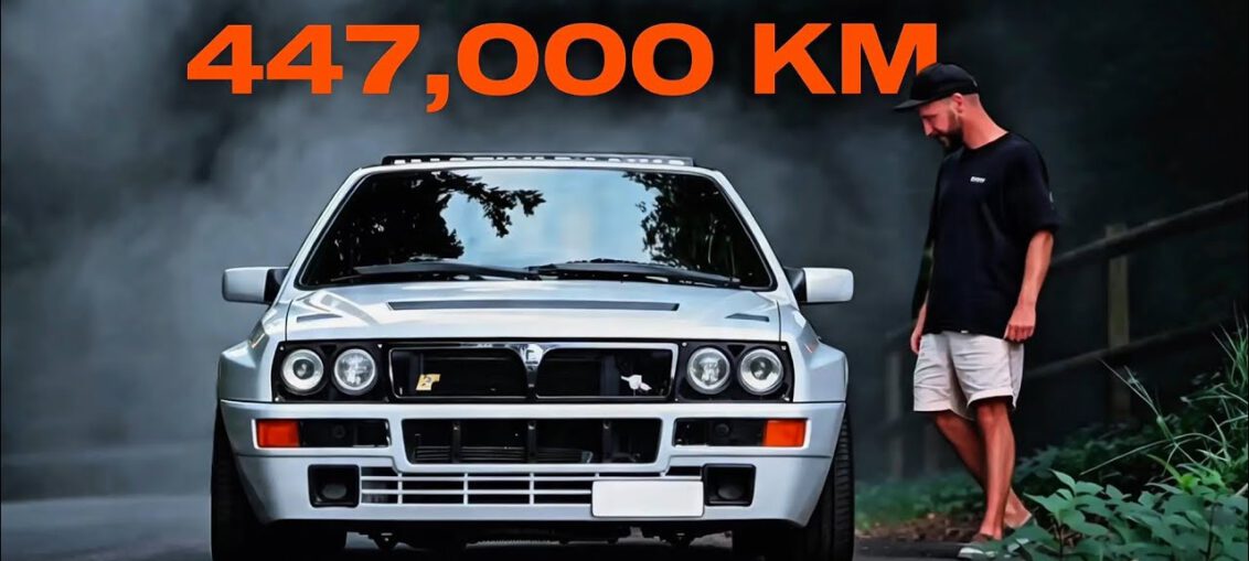Lancia Delta HF Integrale Evo 2 driving flat out through a mountain pass with 447,000 kilometers on the odometer.