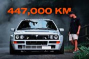 Lancia Delta HF Integrale Evo 2 driving flat out through a mountain pass with 447,000 kilometers on the odometer.