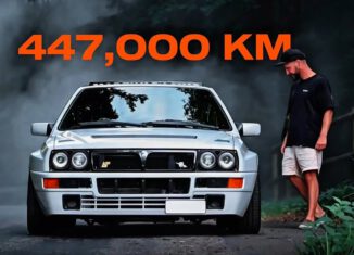 Lancia Delta HF Integrale Evo 2 driving flat out through a mountain pass with 447,000 kilometers on the odometer.