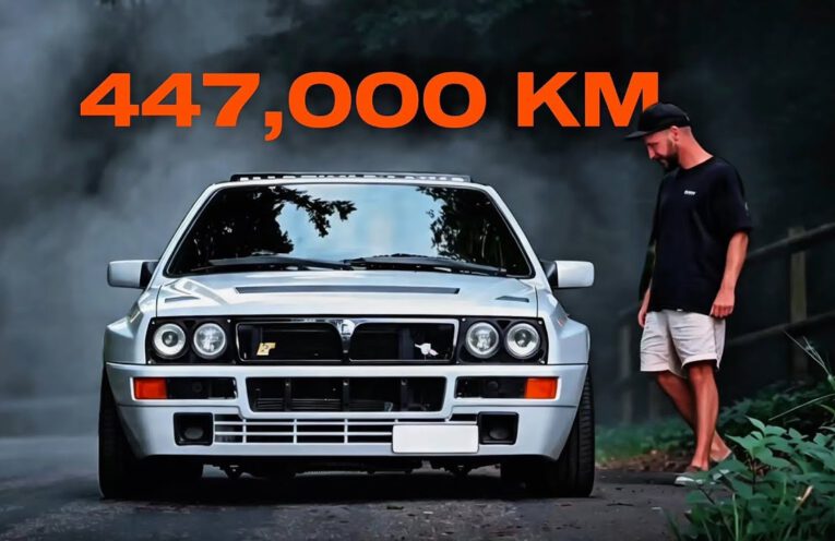 Lancia Delta HF Integrale Evo 2 driving flat out through a mountain pass with 447,000 kilometers on the odometer.