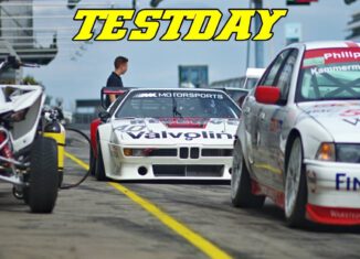 Historic and modern race cars driving during the Oldtimer GP 2026 Test Day at the Nürburgring.