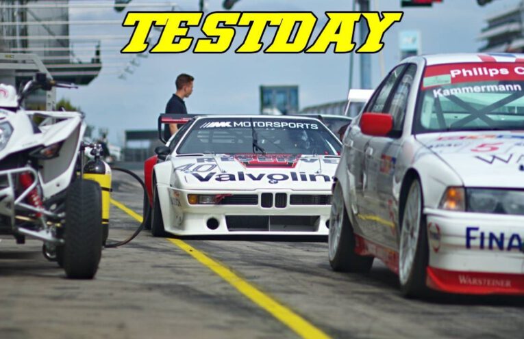 Historic and modern race cars driving during the Oldtimer GP 2026 Test Day at the Nürburgring.