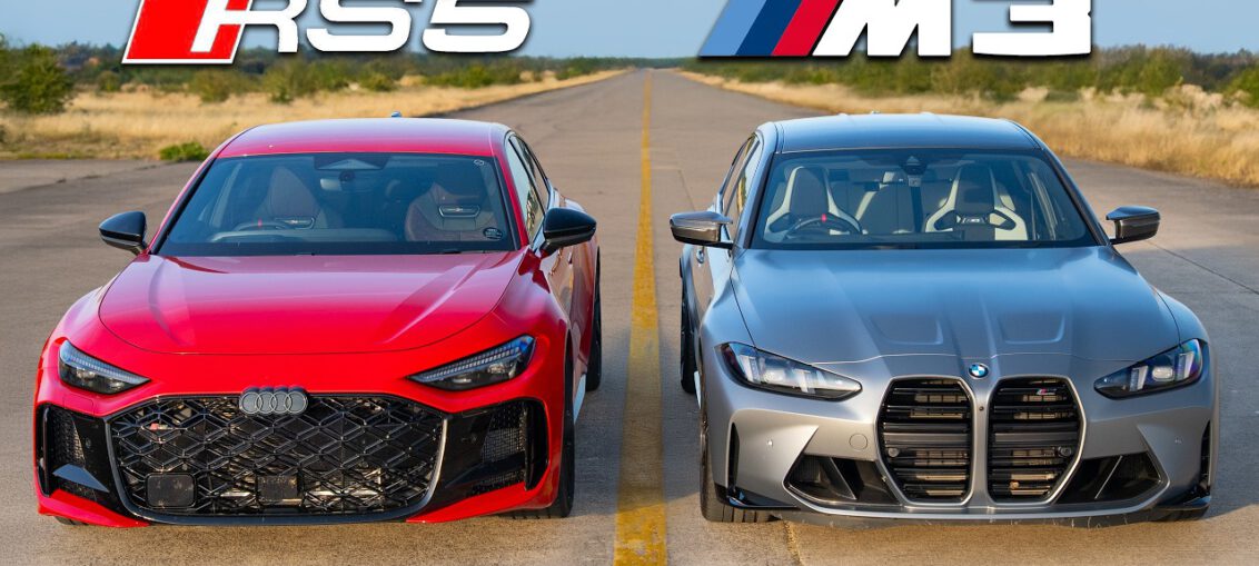 New Audi RS5 and BMW M3 Competition facing each other before a drag race.