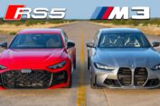 New Audi RS5 and BMW M3 Competition facing each other before a drag race.