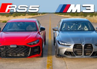 New Audi RS5 and BMW M3 Competition facing each other before a drag race.