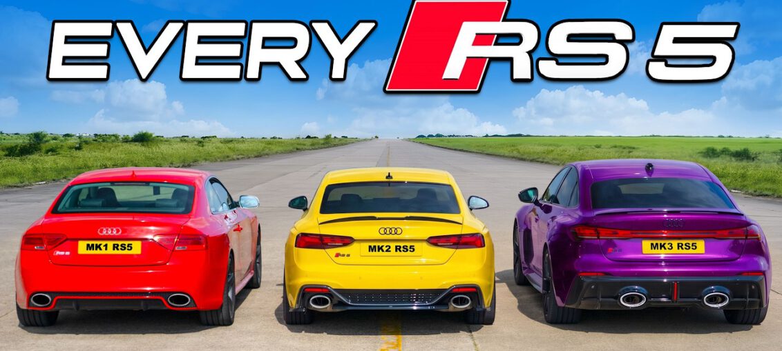 Three generations of Audi RS5 with V8 V6 and hybrid power lined up for a drag race