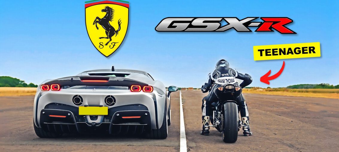 1000BHP Ferrari SF90 racing a 180BHP Suzuki GSX-R1000 drag bike