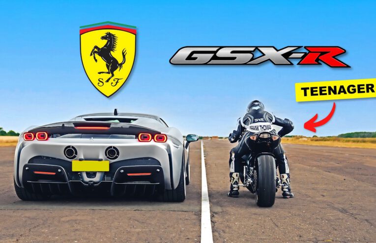 1000BHP Ferrari SF90 racing a 180BHP Suzuki GSX-R1000 drag bike