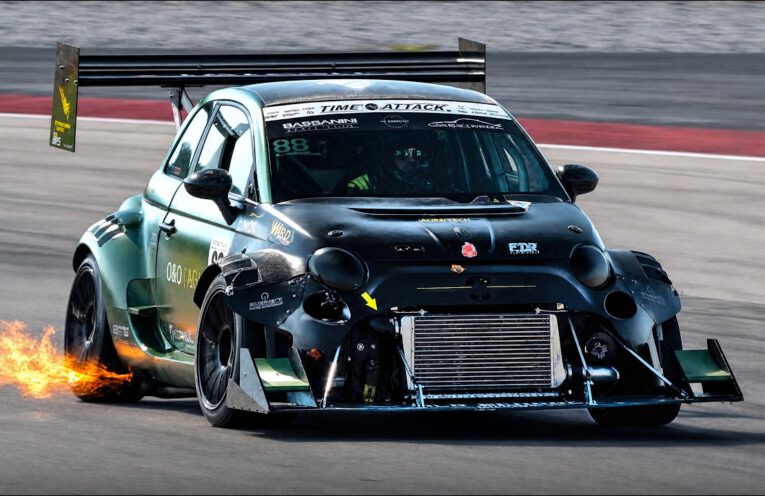 600HP Fiat 500 Abarth time attack race car with wild aero at Franciacorta Circuit