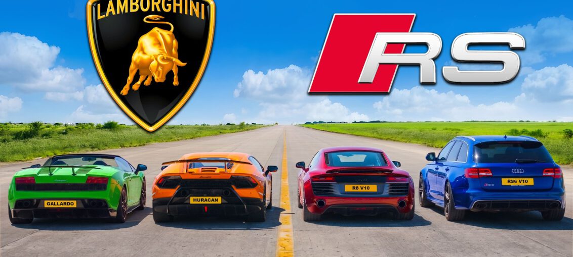Audi R8 V10 Lamborghini Huracán Gallardo and tuned Audi RS6 lined up for a drag race