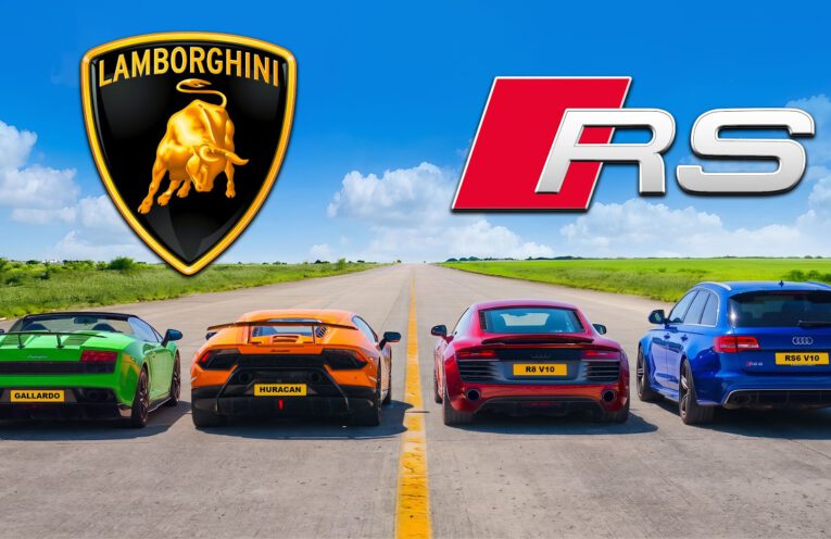 Audi R8 V10 Lamborghini Huracán Gallardo and tuned Audi RS6 lined up for a drag race