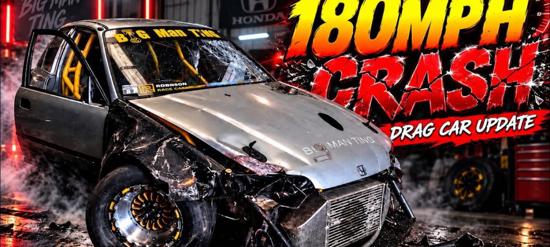Heavily damaged Honda Civic EG drag car after crash at Santa Pod
