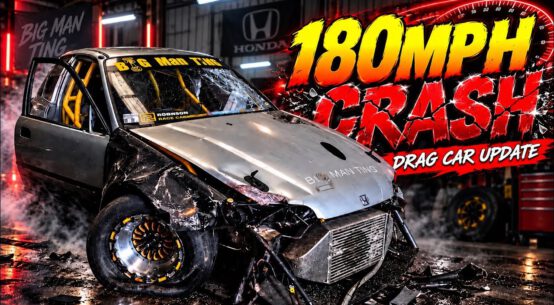 Heavily damaged Honda Civic EG drag car after crash at Santa Pod